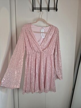 Sequin V-Neck Mini Dress in Light Pink
